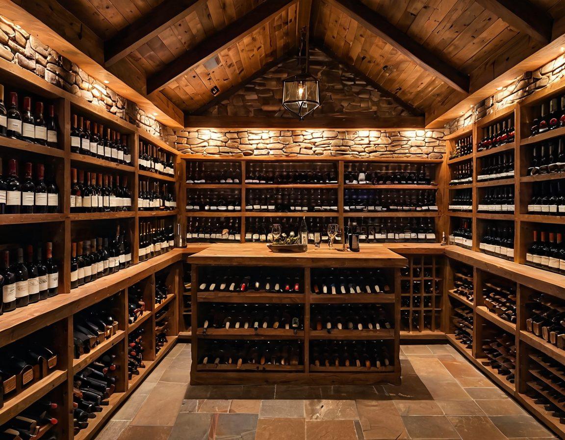 A cozy, well-lit wine cellar with wooden shelves full of wine bottles, each labeled elegantly. Above, a beautifully crafted roof showcasing high-quality shingles, with sunlight filtering through a skylight, casting a warm glow on the vintage wines. Include a wine tasting setup with glasses and a charcuterie board on a rustic table. The atmosphere is inviting and luxurious, emphasizing quality and protection. super-realistic. vibrant colors. warm lighting.