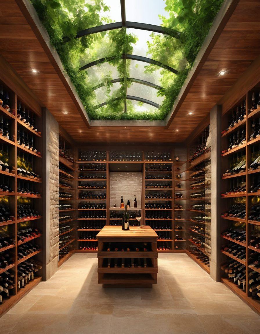 A stunning roof design featuring innovative materials protecting a luxurious wine cellar below, with bottles neatly arranged on wooden racks. Rays of sunlight filter through elegant glass elements, creating a warm ambiance. Include lush greenery outside the cellar for a touch of nature and atmosphere. super-realistic. vibrant colors.