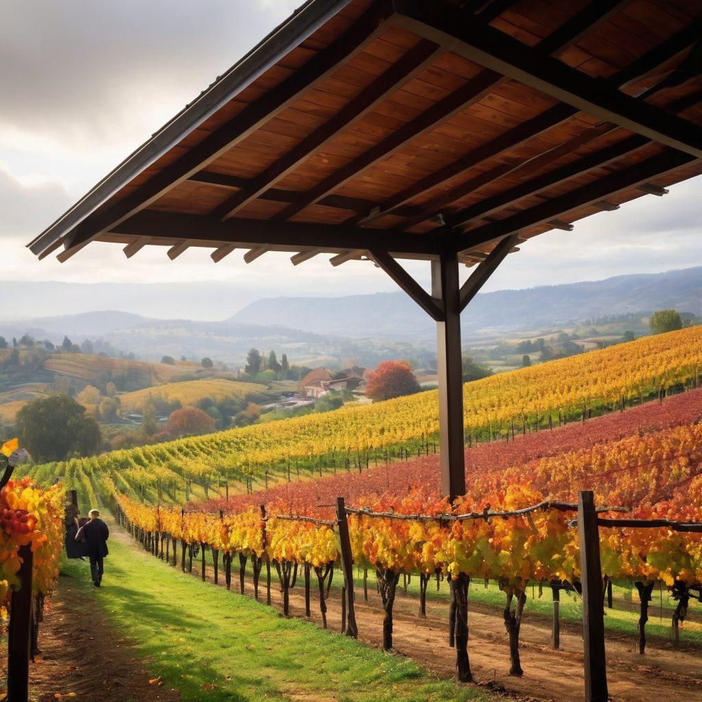 A breathtaking vineyard landscape showcasing lush grapevines under a beautifully designed roof structure that captures sunlight and rain. In the foreground, a wine connoisseur samples a glass of rich red wine, with a backdrop of rolling hills. The scene is infused with vibrant autumn colors, emphasizing the grapes' ripeness and the elegance of winemaking. A soft focus on the roof highlights its innovative design, symbolizing the blend of architecture and nature. super-realistic. vibrant colors.